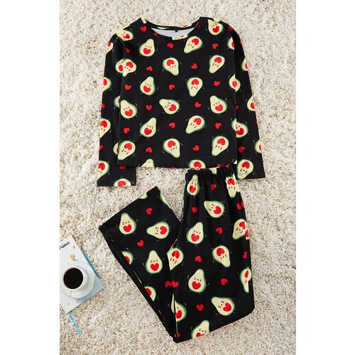 Trendyol Black 100% Cotton Avocado and Heart Patterned Knitted Pajama Set Slike