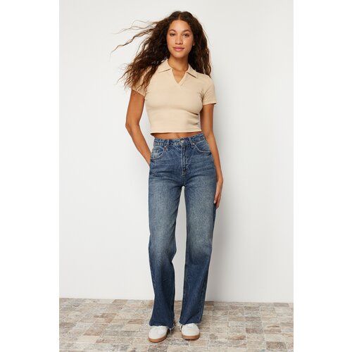 Trendyol Dark Blue More Sustainable Leg Detail High Waist Wide Leg Jeans Slike
