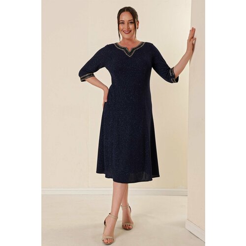 By Saygı Lined Plus Size Glitter Dress Navy Blue with Stone Detail on Collar and Sleeve Ends Slike