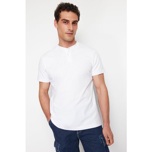 Trendyol White Men's Regular Cut Collar Buttoned Basic T-shirt Cene