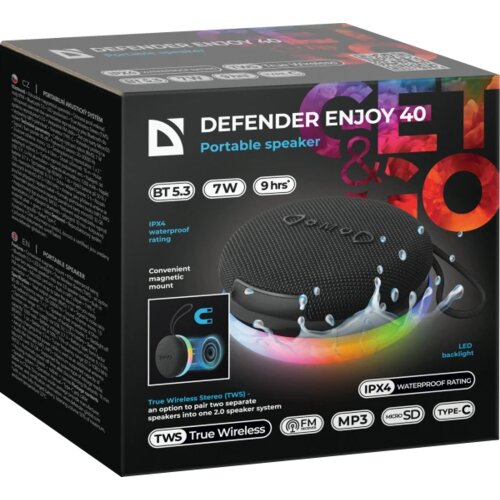 Defender Enjoy 40 prenosni Bluetooth zvočnik 7 W, črn, LED osvetlitev, BT 5.3 (65141) Slike
