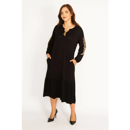 Şans Women's Plus Size Black Embroidery And Pocket Detailed Skirt Layered Long Sleeve Dress