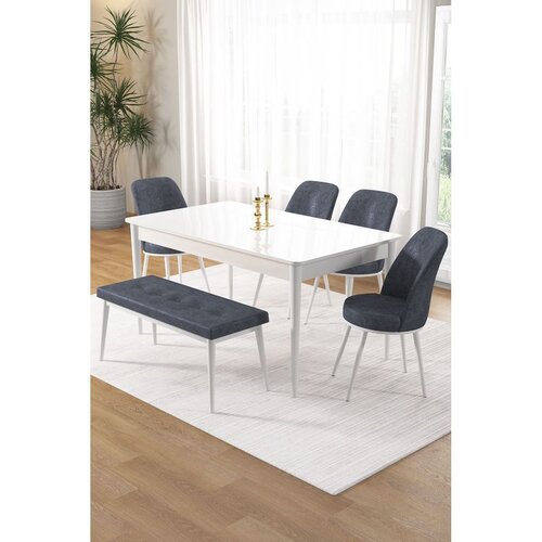Hanah home trpezarijski set Pir, sto, 4 stolice i klupa, bela ploča, dimno siva tkanina Babyface Cene