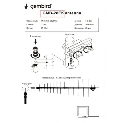 Gembird GMB-28EK **antena loga uhf sa f konektorom 28 elemenata, dužina 104cm, dobit 9dB alumini.696 Cene