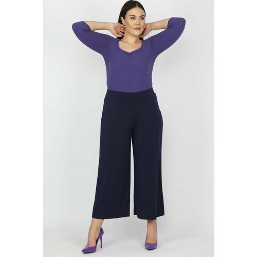 Şans Women's Large Size Navy Blue Palazzo Cut Capri Length Trousers Slike