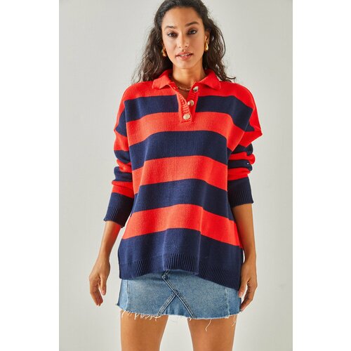 Olalook Women's Red Navy Blue Polo Neck Striped Buttoned Thick Knitwear Sweater Slike