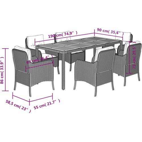  7-dijelni vrtni blagovaonski set s jastucima crni od poliratana Crna 190 cm table length Slike
