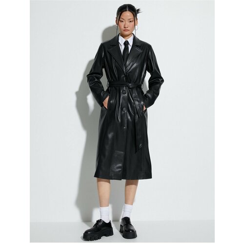 Koton Faux Leather Trench Coat Buttoned Waist Belted Pocket Slike
