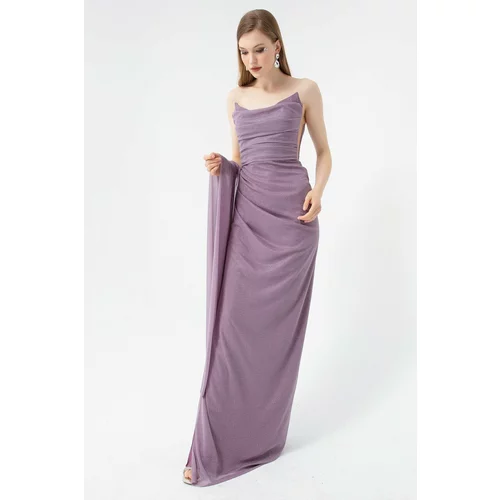 Lafaba Women's Lavender Chest Draped Glittery Evening Dress with a slit.