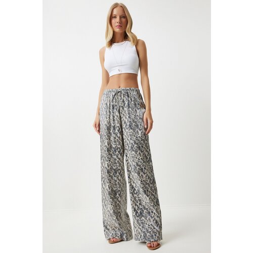 Women's Gray Cream Leopard Patterned Palazzo Trousers Slike