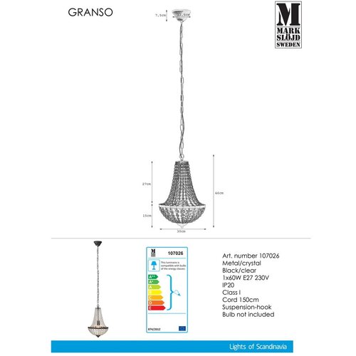 Marksl&amp;ouml;jd 107026 - kristalni luster na lancu gr&amp;auml;ns&amp;ouml; 1xE27/60W/230V Slike