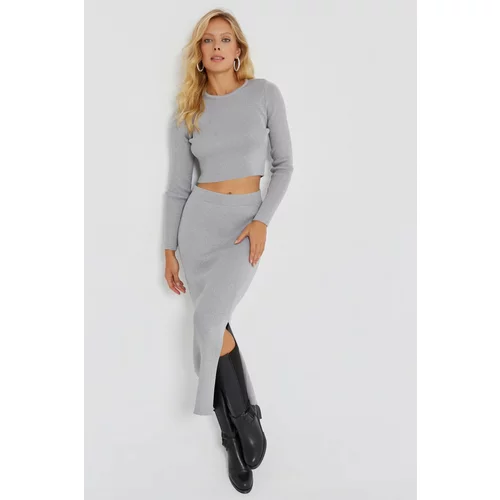 Cool & Sexy Women's Gray Silvery Knitwear Skirt Suit