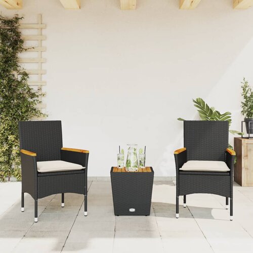 VidaXL Bistro garnitura 3-delna z blazinami črn poli ratan in steklo Slike