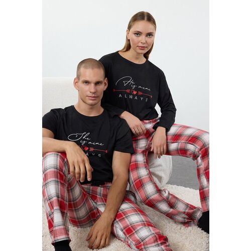 Trendyol Black 100% Cotton Slogan and Heart Printed Plaid Knitted Pajama Set Slike