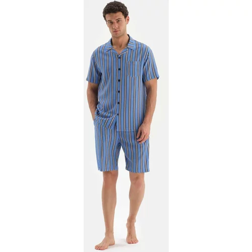 Dagi Blue Shirt Collar Striped Shorts Woven Pajamas Set