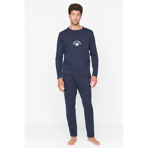 Trendyol Men's Navy Regular Fit Buttoned Collar Printed Knitted Pajamas Set