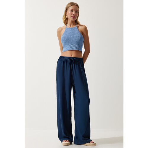 Happiness İstanbul Women's Navy Blue Flowy Knitted Palazzo Trousers Cene