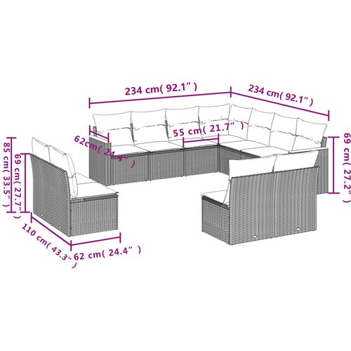  11-dijelni set vrtnih sofa od poliratana s jastucima crni Crna 62 x 62 x 69 cm Slike