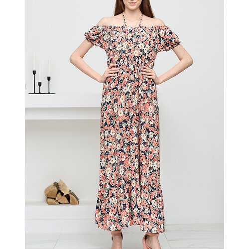 Resti Long navy blue women's dress with coral flowers - Clothing Cene