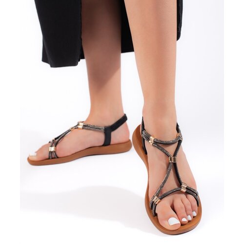 Shelvt Black flat glitter sandals Cene