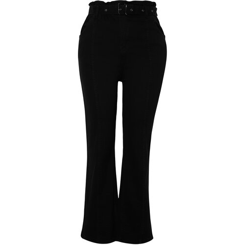 Trendyol Curve Black High Waist Straight Fit Jeans with Belt Stitching Detail Slike