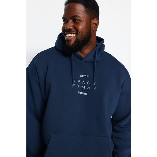 Trendyol Indigo Men&amp;#039;s Plus Size Oversize Comfortable Hoodie. Reflective Printed Sweatshirt with Soft Pillows. Slike