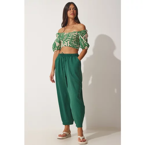 Happiness İstanbul Women's Emerald Green Linen Viscose Baggy Pants with Pocket
