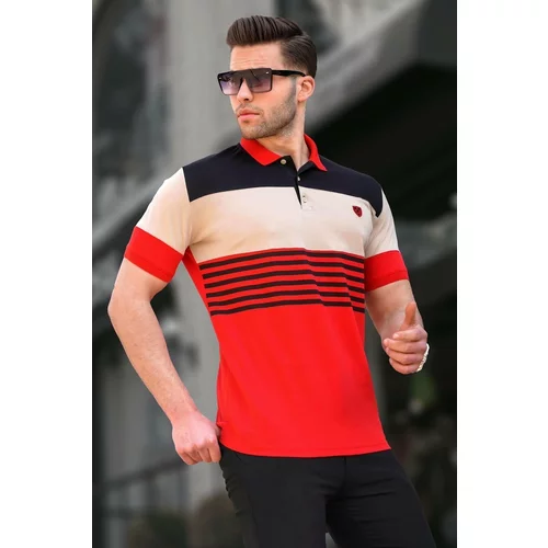 Madmext Men's Red Polo Neck Striped T-Shirt 5865