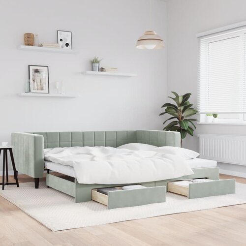 VidaXL Izvlečna dnevna postelja s predali svetlo siva 100x200 cm žamet Slike