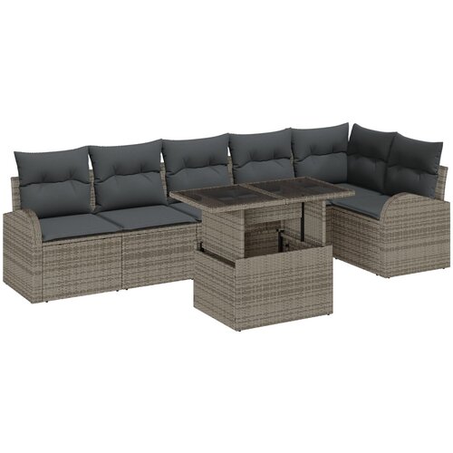 vidaXL 7-delna garnitura za vrtno sofo z blazinami siva poli ratan, 2-sedežna vrtna sofa s shrambo in blazinami siva poli ratan Cene