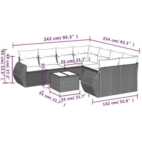 VidaXL 9-dijelni set vrtnih sofa s jastucima poliratan smeđi Slike