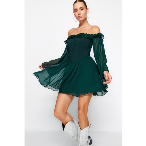 Trendyol Emerald Green Chiffon Chiffon Evening Dress that opens at the waist/Skater Lined Elegant Evening Dress Slike