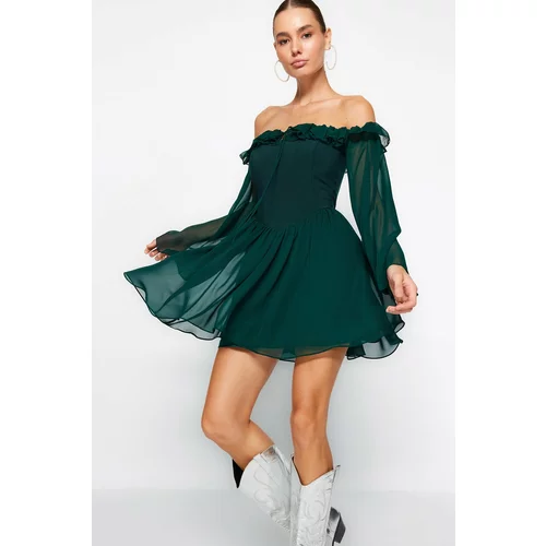 Trendyol Emerald Green Chiffon Chiffon Evening Dress that opens at the waist/Skater Lined Elegant Evening Dress