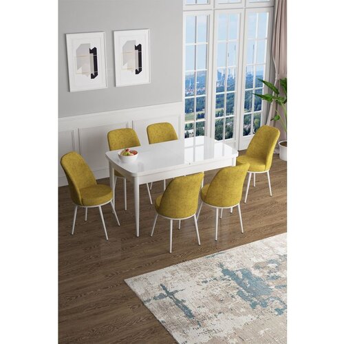 Hanah home Han - White, Mustard WhiteMustard Extendable Dining Table & Chairs Set (7 Pieces) Cene