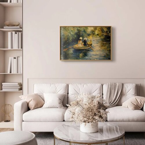  Plakat Boat crossing - painting of two women sailing a boat on a river 90x60 Zlatni okvir Slike