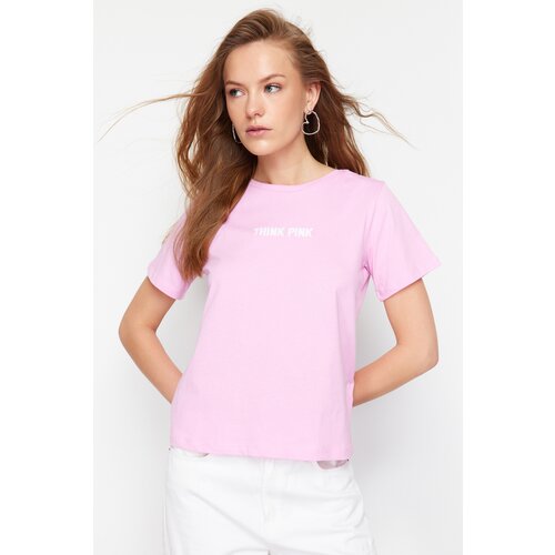 Trendyol Pink Motto Embroidered Regular/Regular Fit Knitted T-Shirt Slike