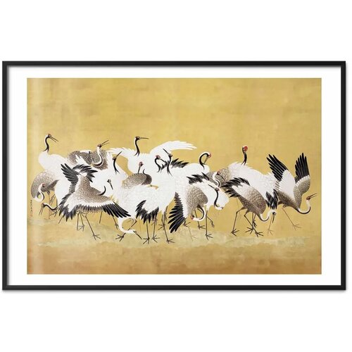  Plakat Japanese Cranes - a flock of birds against a golden background based on the painting of Ishida Yūtei 60x40 Crni okvir s Slike