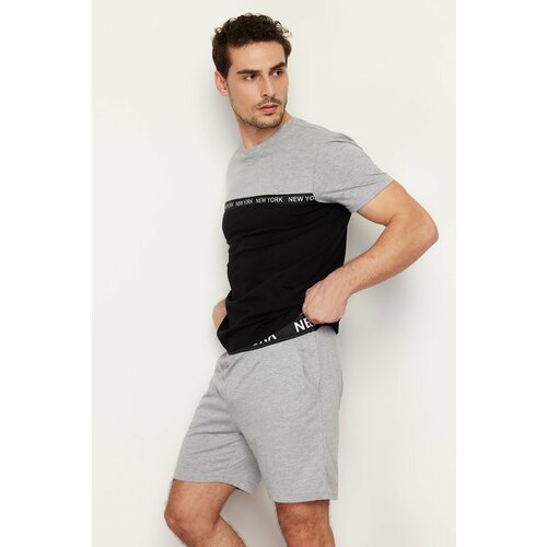 Trendyol Men's Black Gray Color Block Elastic Waist Regular Fit Knitted Pajamas Set Slike