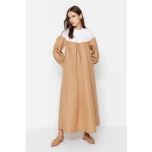 Trendyol Camel Color Block Shirring and Pocket Detail Wide fit, Woven Cotton Dress