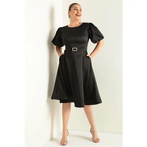 Lafaba Women's Black Balloon Sleeve Stone Belted Plus Size Satin Evening Dress