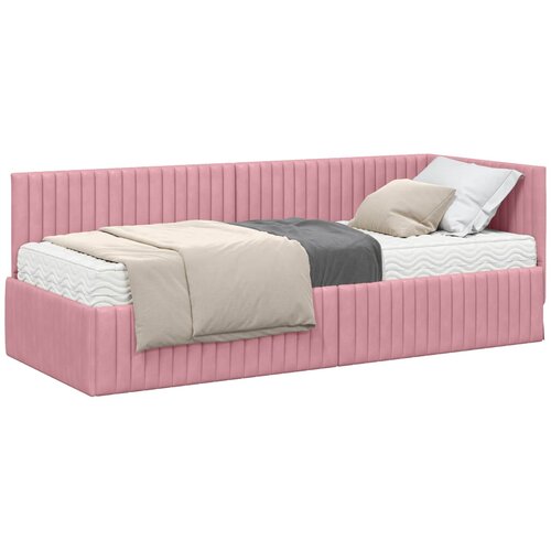 vidaXL Kutni krevetni okvir s madracem s uzglavljem 2 pcs Siva Baršun - Ružičasta 80 x 200 cm Cene