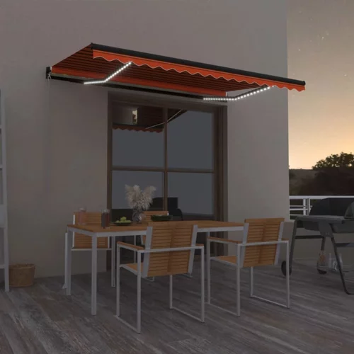 vidaXL Ročno zložljiva tenda z LED lučmi 400x350 cm oranžna in rjava