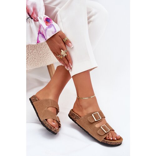 Boto Ladies Slippers With Golden Buckles And Stitching Light Brown Lunera Cijene