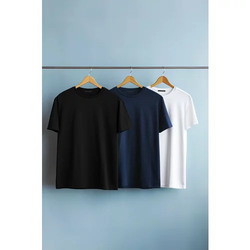 Trendyol Black-Navy Blue-White Plus Size 3-Pack Regular/Normal Fit Basic 100% Cotton T-Shirt