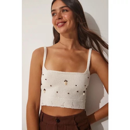 Happiness İstanbul Women's Cream Crop Knitwear Blouse with Oyster Stones