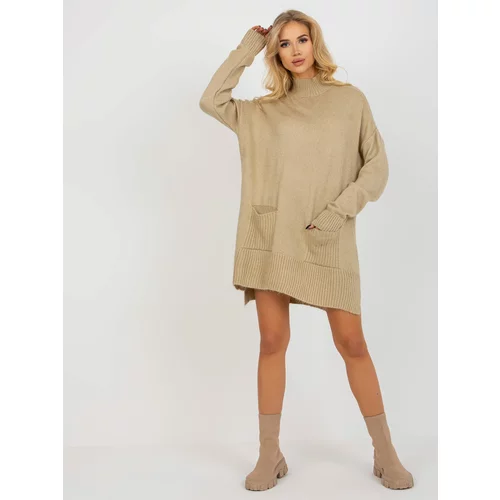 Fashion Hunters Beige long oversize sweater with pockets and turtleneck