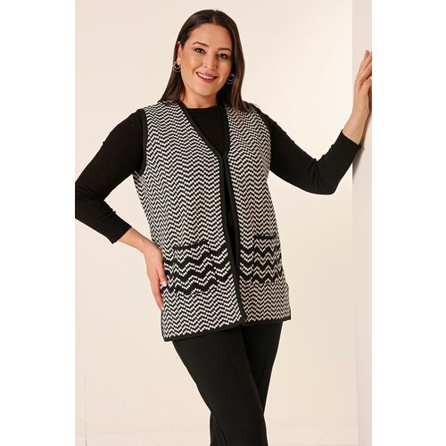 By Saygı Zigzag Patterned Plus Size Knitwear Vest with Pockets Slike