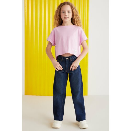 GRIMELANGE Verena Girl's 100% Cotton Double Sleeve Pink T-shirt with Ornamental Labe Slike