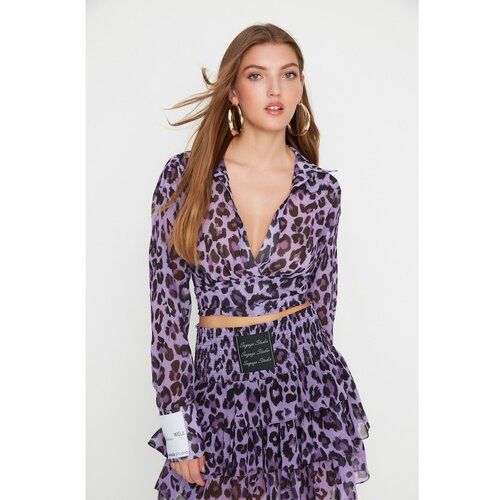 Trendyol X Sagaza Studio Purple Leopard Print Chiffon Shirt Cene