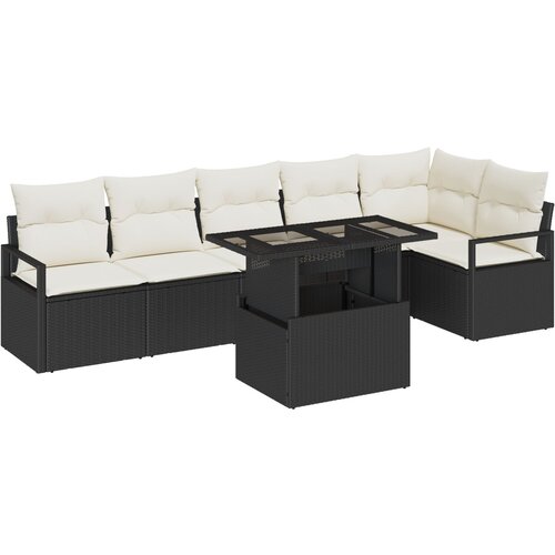 vidaXL set sofe od 7 dijelova s jastučićima crni poli ratan, dvosjedna vrtna sofa s skladištem i jastučićima crni poli ratan Cene